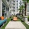 a courtyard with a couch and chairs